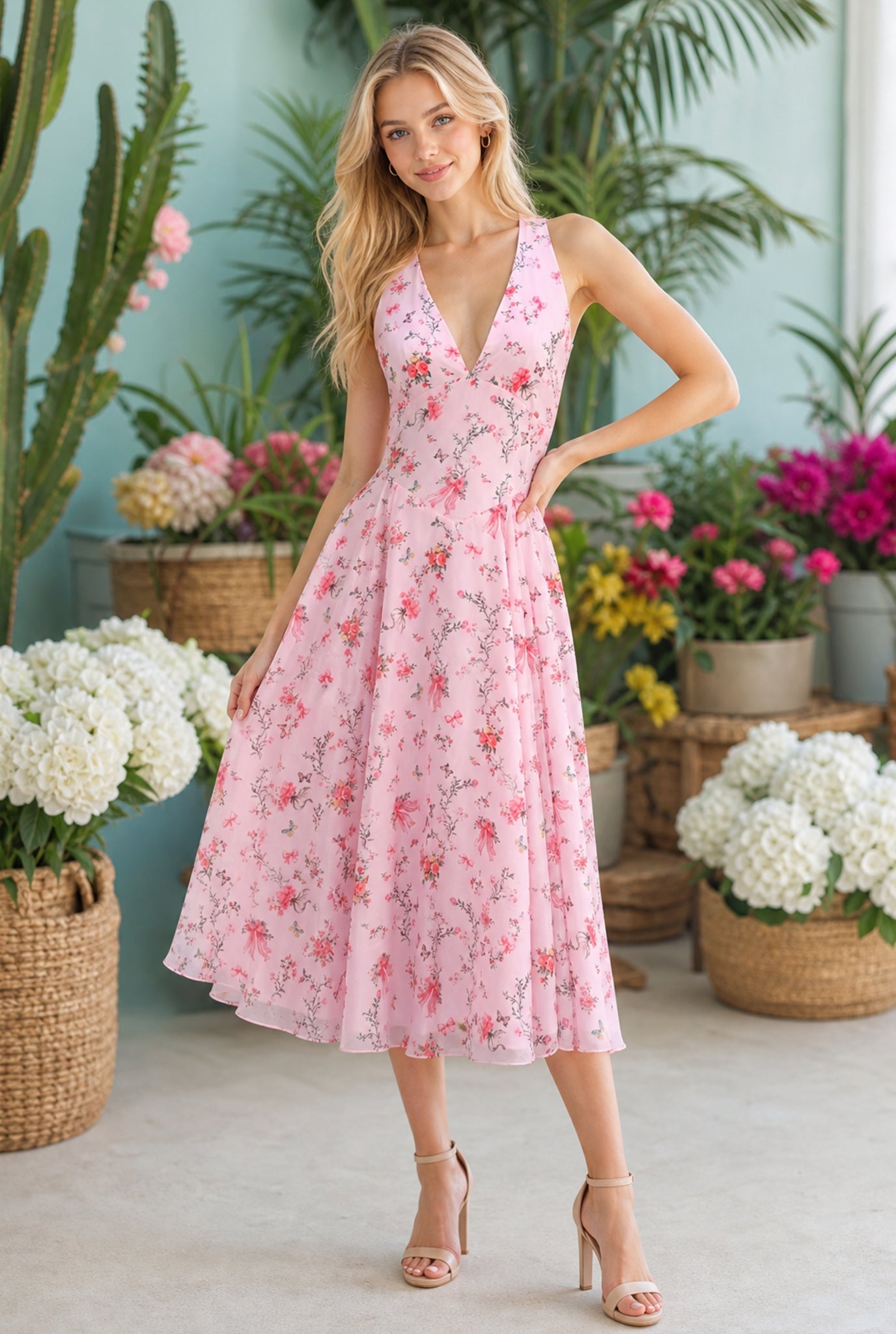 A woman in the Millie V-Neck Pink Midi Halter Floral Sundress stands indoors among potted plants and flowers, wearing nude heels.